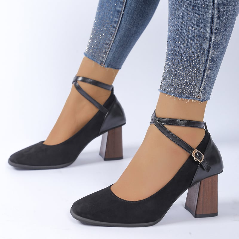 Mary Jane cipele s kvadratnim nosom, velur gornji dio, 6-8 cm visoke pete, zatvaranje kopčom