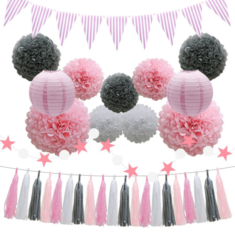 NICRO Lanterne rotunde din hârtie, cu mingi de flori din hârtie și ghirlande suspendate, pentru decorul spațiului la petrecerea de Crăciun și Halloween