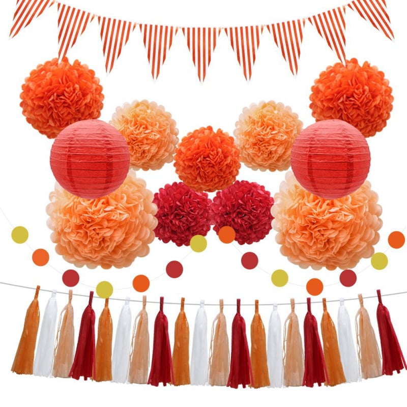 NICRO Lanterne rotunde din hârtie, cu mingi de flori din hârtie și ghirlande suspendate, pentru decorul spațiului la petrecerea de Crăciun și Halloween