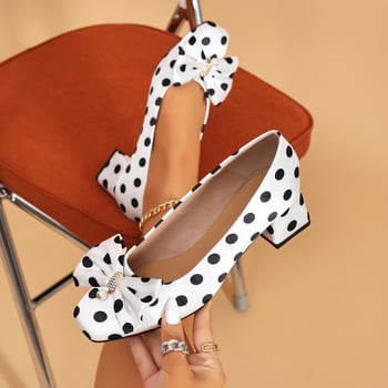 Ženske slip-on cipele od platna, kvadratni nos, srednji visina potpetice 3–5 cm, debeli potpetica, točkasti uzorak