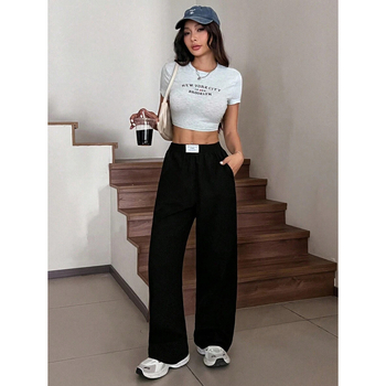 Pantaloni, croială lejeră, drept cu croială largă, lungime de nouă zecimi, bumbac natural, țesătură CVC, stil retro, ușor elastic