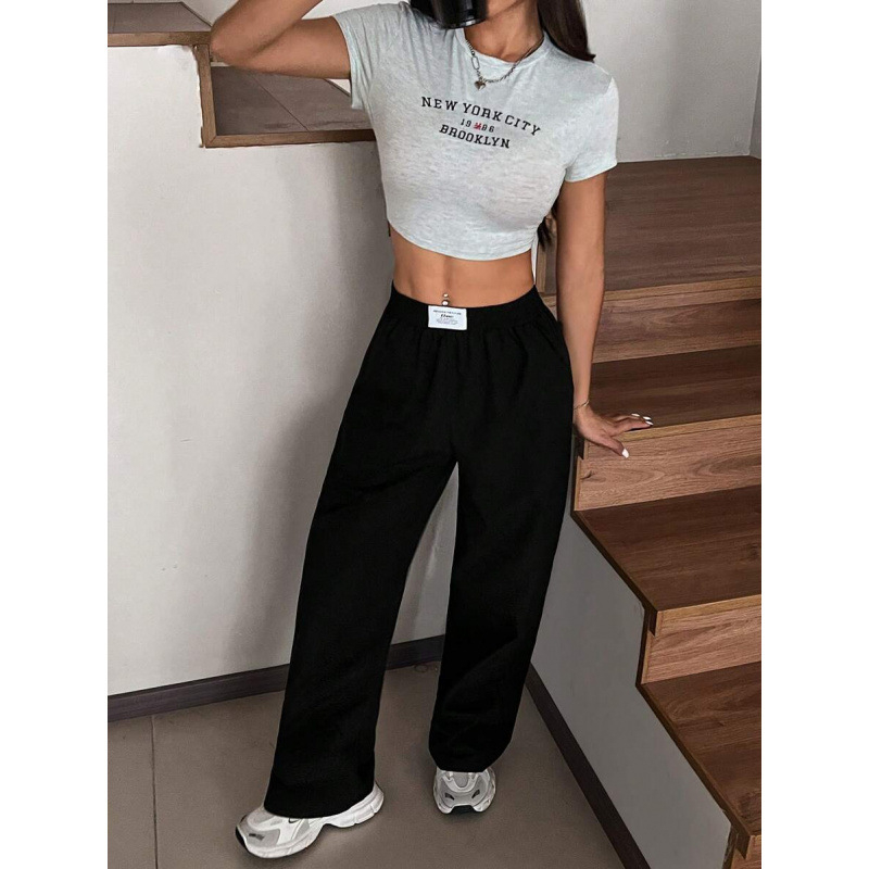 Pantaloni, croială lejeră, drept cu croială largă, lungime de nouă zecimi, bumbac natural, țesătură CVC, stil retro, ușor elastic