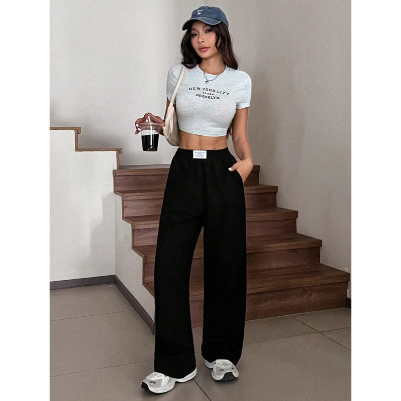 Pantaloni, croială lejeră, drept cu croială largă, lungime de nouă zecimi, bumbac natural, țesătură CVC, stil retro, ușor elastic