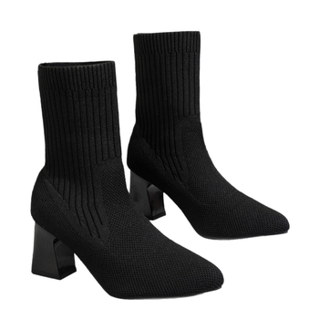Ghete scurte pentru femei, vârf ascuțit, toc gros 6–8 cm, suprafață textilă, talpă din cauciuc, slip-on, gambă joasă, stil european și american