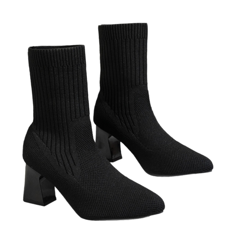 Ghete scurte pentru femei, vârf ascuțit, toc gros 6–8 cm, suprafață textilă, talpă din cauciuc, slip-on, gambă joasă, stil european și american
