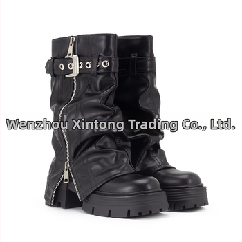 Moteriški PU motocikliniai botai su šoniniu užtrauktuku, apvali nosis, kvadratinė kulnėlė 3–5 cm, vidutinio ilgio blauzda