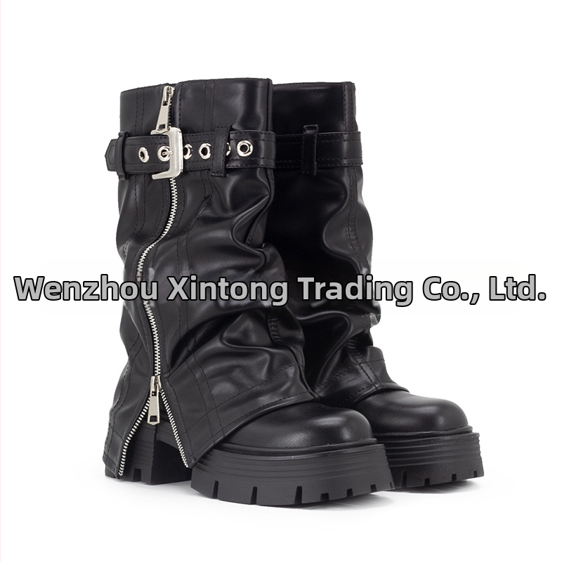 Moteriški PU motocikliniai botai su šoniniu užtrauktuku, apvali nosis, kvadratinė kulnėlė 3–5 cm, vidutinio ilgio blauzda