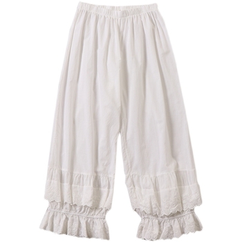 Pamukaste široke hlače s čipkastim izvezom, visokim strukom, duljina do gležnja