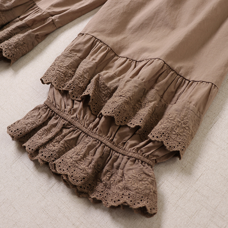 Pamukaste široke hlače s čipkastim izvezom, visokim strukom, duljina do gležnja