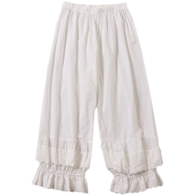 Pamukaste široke hlače s čipkastim izvezom, visokim strukom, duljina do gležnja