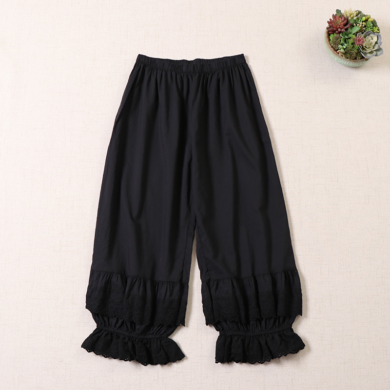 Pamukaste široke hlače s čipkastim izvezom, visokim strukom, duljina do gležnja