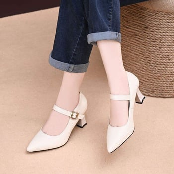 Pantofi dama cu toc gros, vârf ascuțit, partea superioară PU, slip-on, stil coreean, toc 3-6 cm