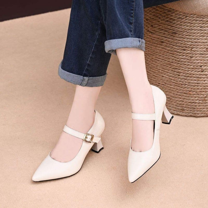 Pantofi dama cu toc gros, vârf ascuțit, partea superioară PU, slip-on, stil coreean, toc 3-6 cm