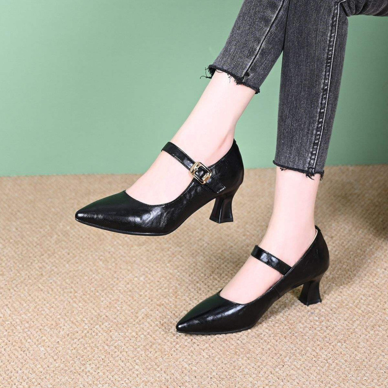 Pantofi dama cu toc gros, vârf ascuțit, partea superioară PU, slip-on, stil coreean, toc 3-6 cm