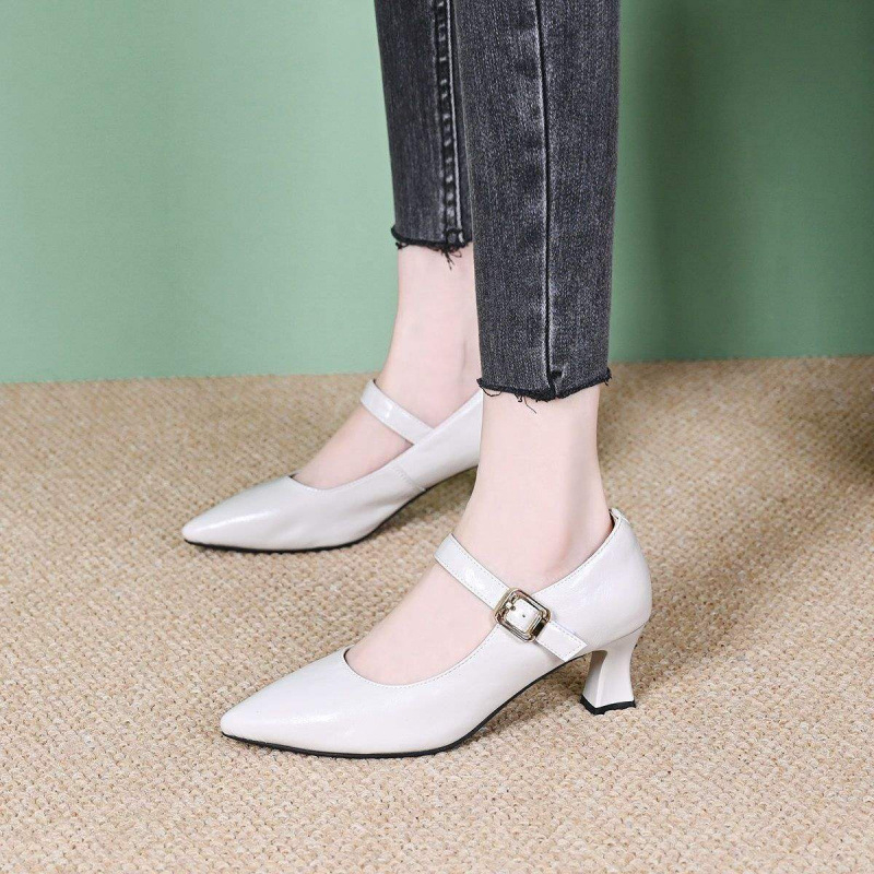 Pantofi dama cu toc gros, vârf ascuțit, partea superioară PU, slip-on, stil coreean, toc 3-6 cm