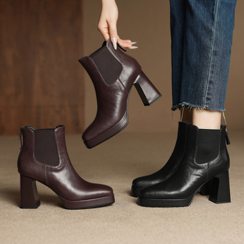 Moteriški Chelsea batai iš viršutinės karvės odos, stačiakampė nosis, storas kulnas, ultra aukštas kulnas (>8 cm), žemas kulkšninis aukštis