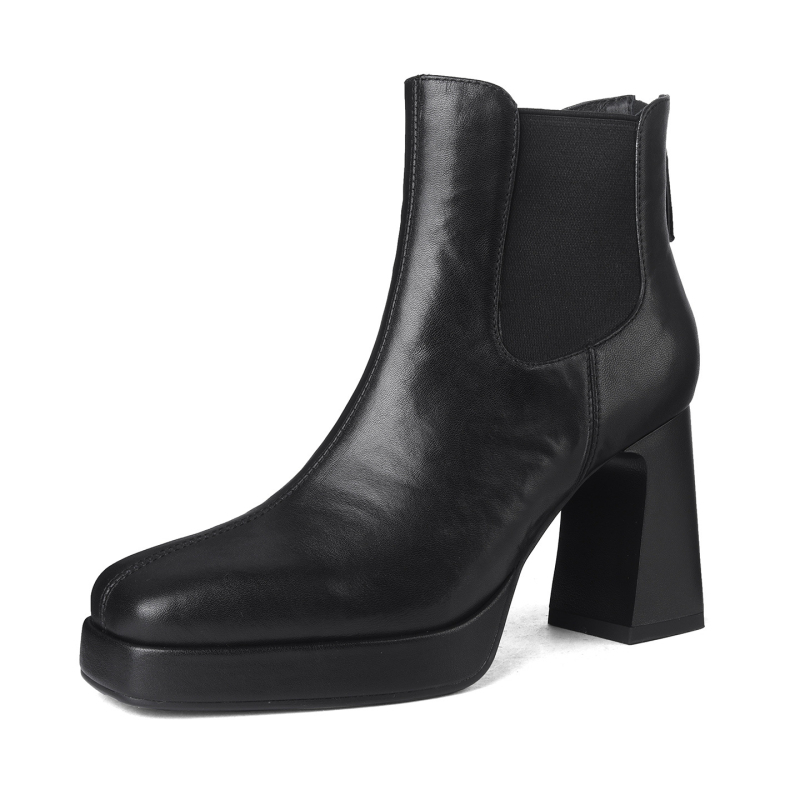 Moteriški Chelsea batai iš viršutinės karvės odos, stačiakampė nosis, storas kulnas, ultra aukštas kulnas (>8 cm), žemas kulkšninis aukštis