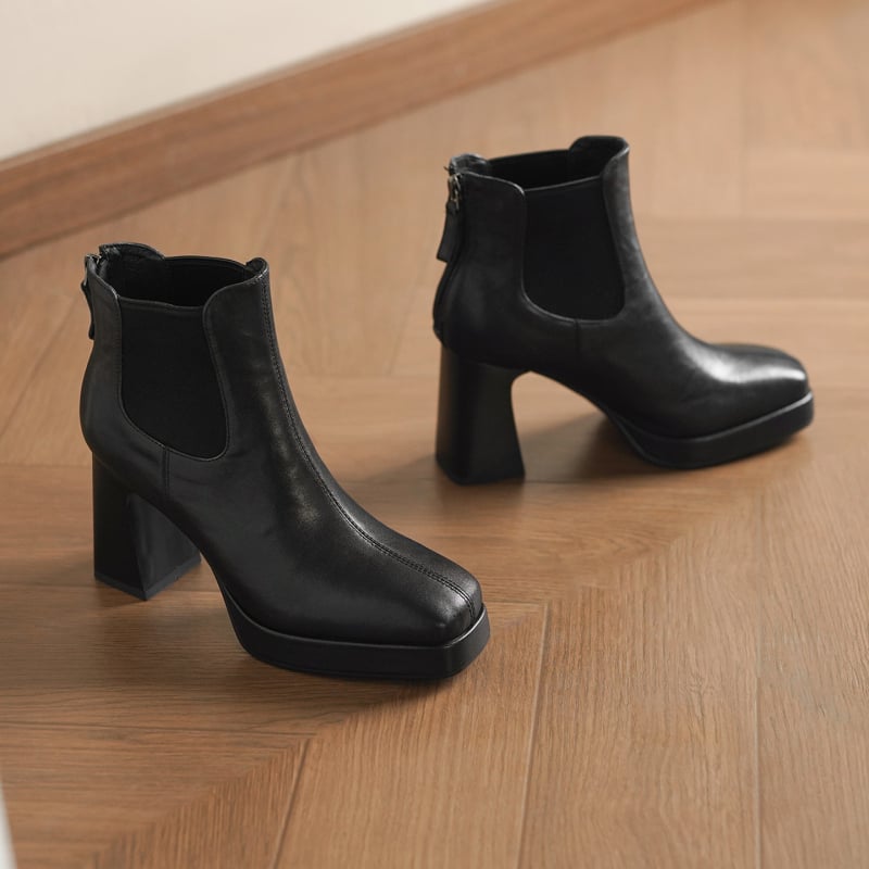 Moteriški Chelsea batai iš viršutinės karvės odos, stačiakampė nosis, storas kulnas, ultra aukštas kulnas (>8 cm), žemas kulkšninis aukštis