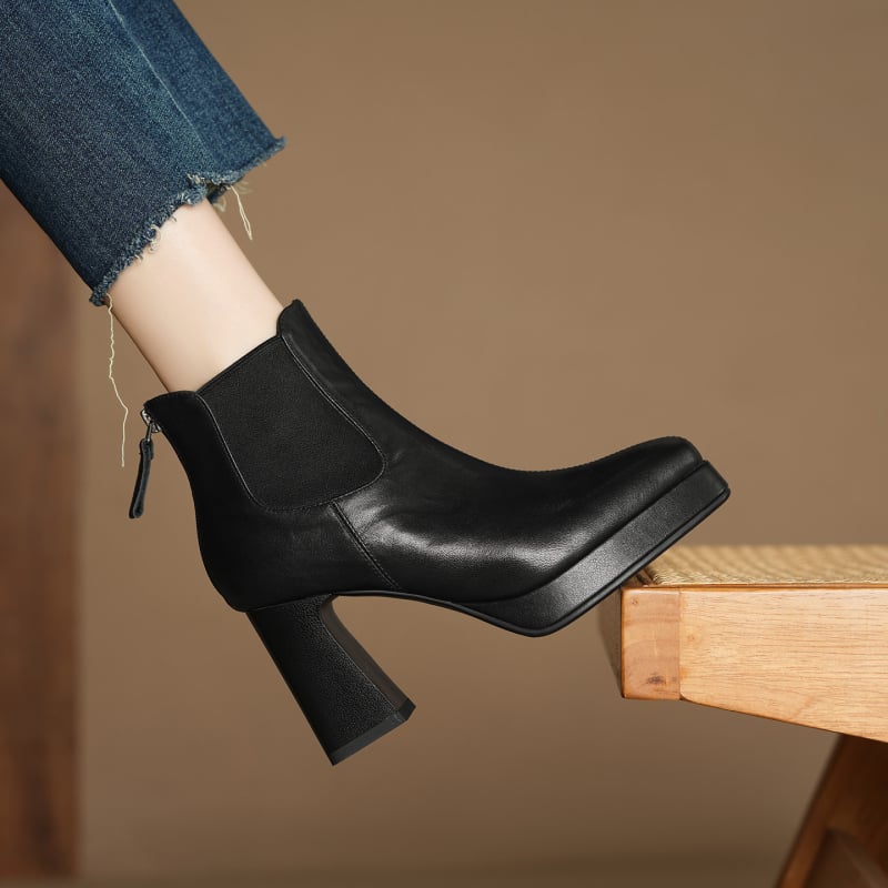 Moteriški Chelsea batai iš viršutinės karvės odos, stačiakampė nosis, storas kulnas, ultra aukštas kulnas (>8 cm), žemas kulkšninis aukštis