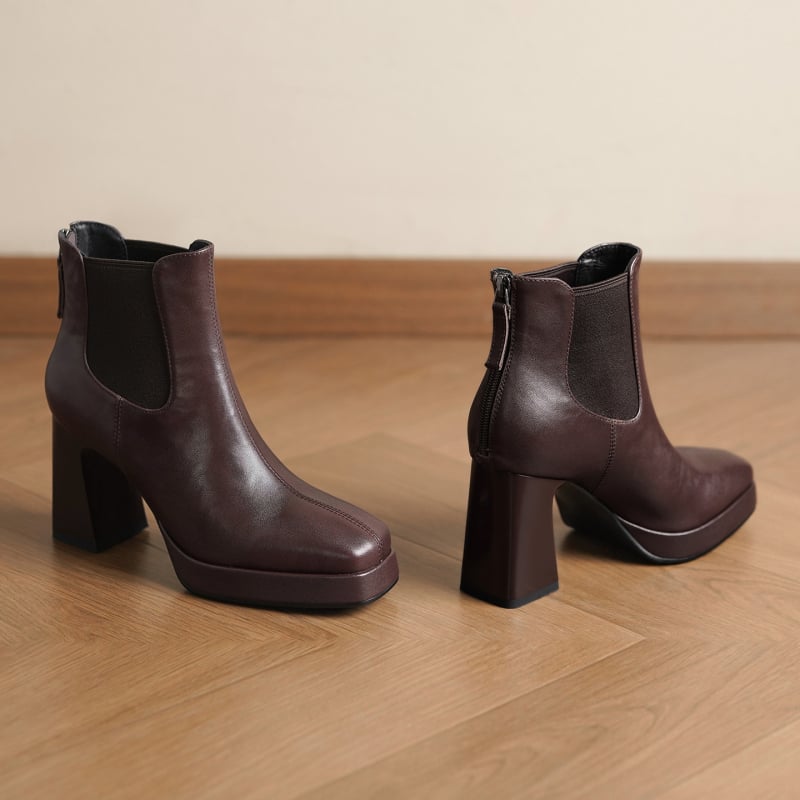 Moteriški Chelsea batai iš viršutinės karvės odos, stačiakampė nosis, storas kulnas, ultra aukštas kulnas (>8 cm), žemas kulkšninis aukštis