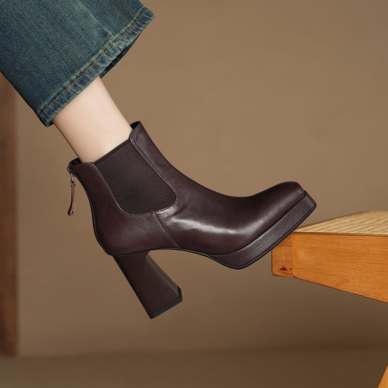 Moteriški Chelsea batai iš viršutinės karvės odos, stačiakampė nosis, storas kulnas, ultra aukštas kulnas (>8 cm), žemas kulkšninis aukštis