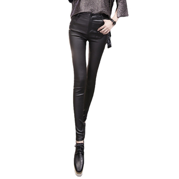 Ženske PU kožne uske hlače, visok pas, tanak materijal, poliesterova smjesa 50–70%