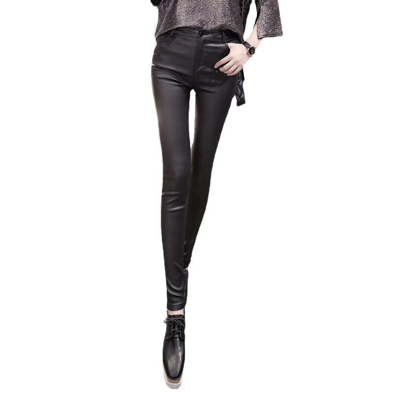 Ženske PU kožne uske hlače, visok pas, tanak materijal, poliesterova smjesa 50–70%