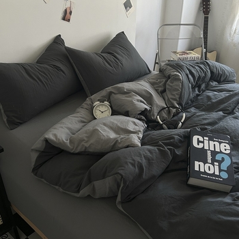 Четирисмен комплект спално бельо от измит памук — твил тъкан, реактивно боядисване, плосък и прилягащ чаршаф, тегло над 5 кг