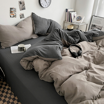 Четирисмен комплект спално бельо от измит памук — твил тъкан, реактивно боядисване, плосък и прилягащ чаршаф, тегло над 5 кг