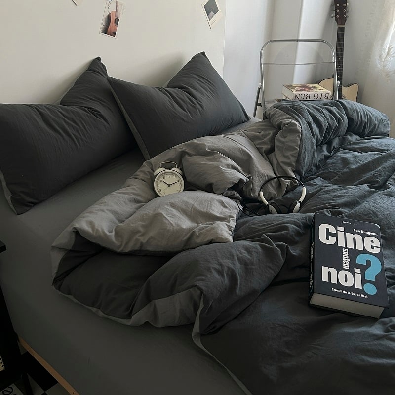 Четирисмен комплект спално бельо от измит памук — твил тъкан, реактивно боядисване, плосък и прилягащ чаршаф, тегло над 5 кг