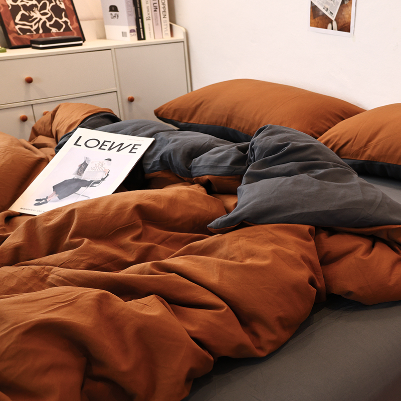 Четирисмен комплект спално бельо от измит памук — твил тъкан, реактивно боядисване, плосък и прилягащ чаршаф, тегло над 5 кг