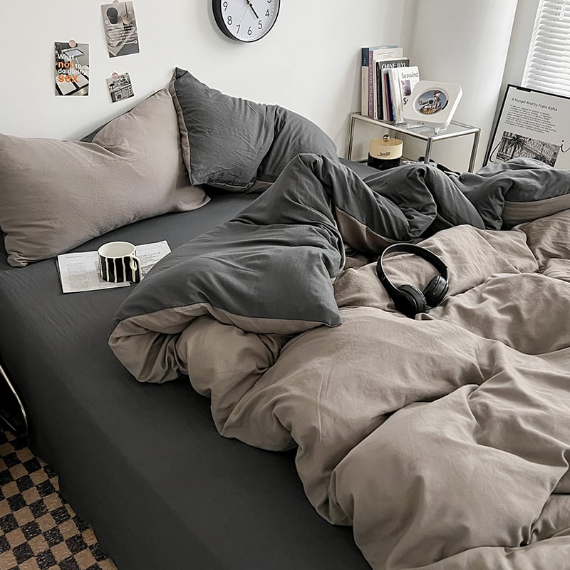 Четирисмен комплект спално бельо от измит памук — твил тъкан, реактивно боядисване, плосък и прилягащ чаршаф, тегло над 5 кг