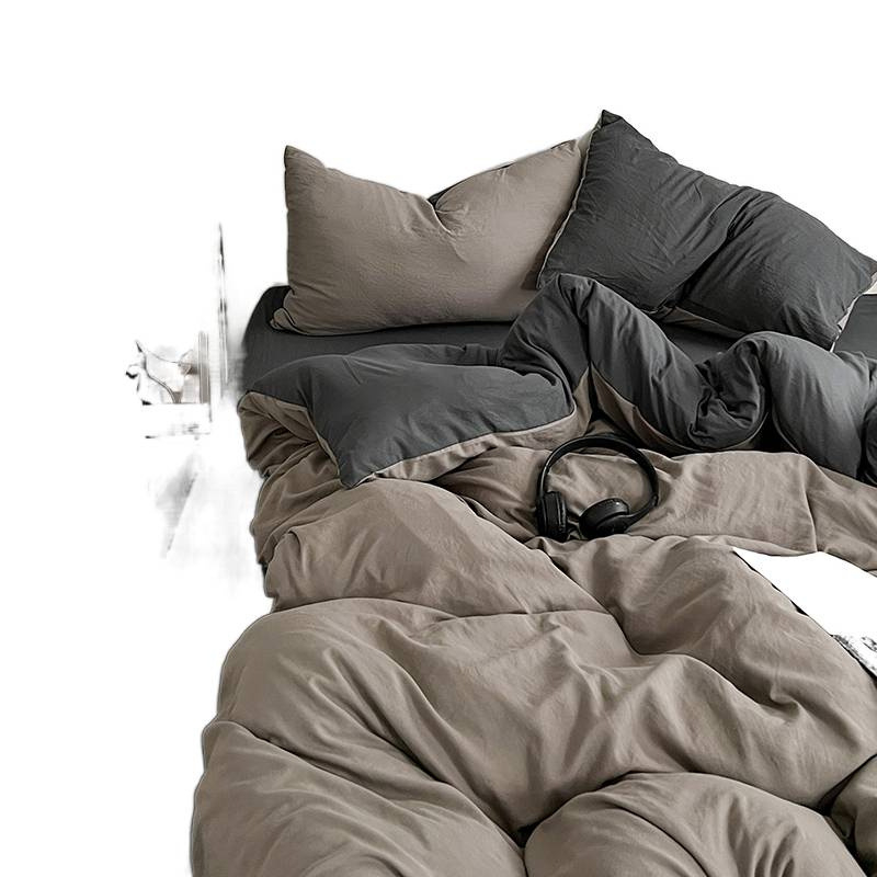 Четирисмен комплект спално бельо от измит памук — твил тъкан, реактивно боядисване, плосък и прилягащ чаршаф, тегло над 5 кг