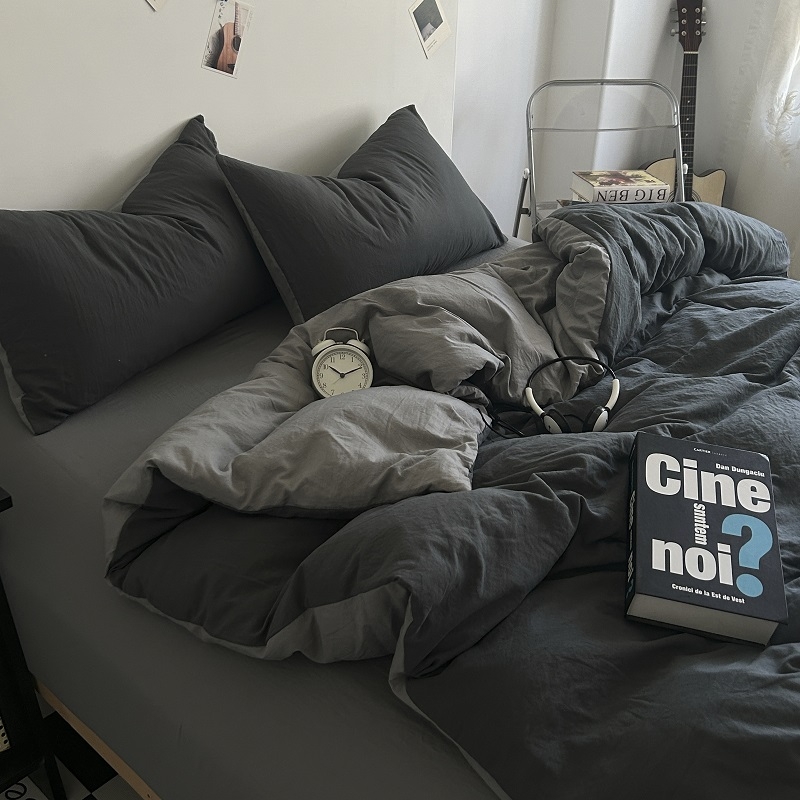 Четирисмен комплект спално бельо от измит памук — твил тъкан, реактивно боядисване, плосък и прилягащ чаршаф, тегло над 5 кг