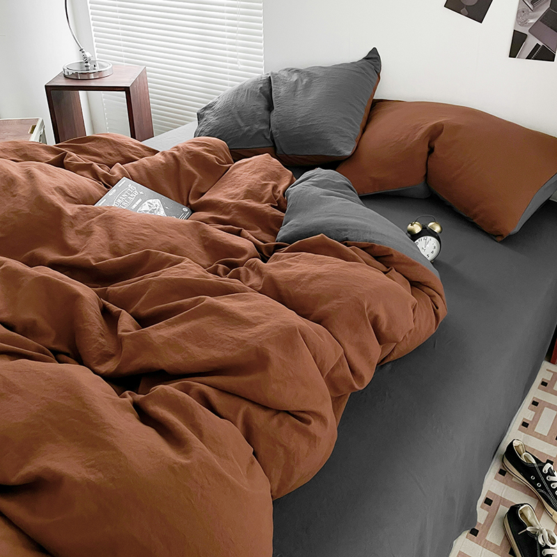 Четирисмен комплект спално бельо от измит памук — твил тъкан, реактивно боядисване, плосък и прилягащ чаршаф, тегло над 5 кг