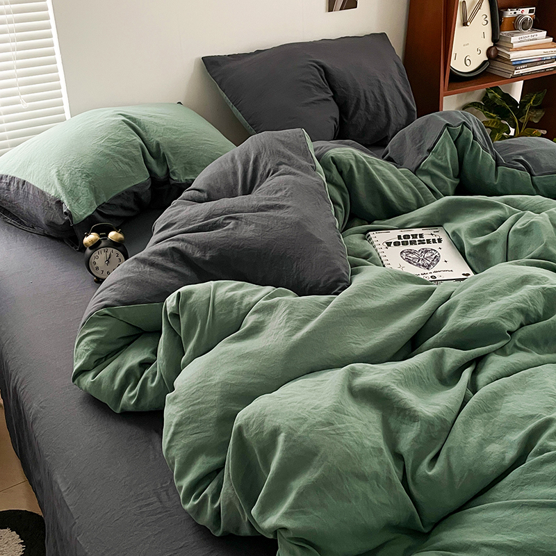 Четирисмен комплект спално бельо от измит памук — твил тъкан, реактивно боядисване, плосък и прилягащ чаршаф, тегло над 5 кг