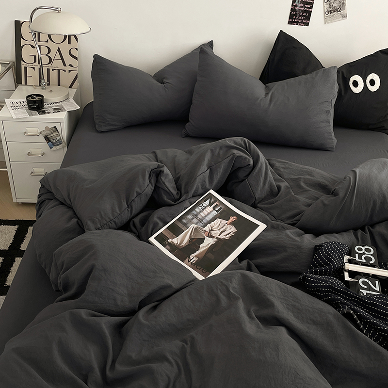 Четирисмен комплект спално бельо от измит памук — твил тъкан, реактивно боядисване, плосък и прилягащ чаршаф, тегло над 5 кг