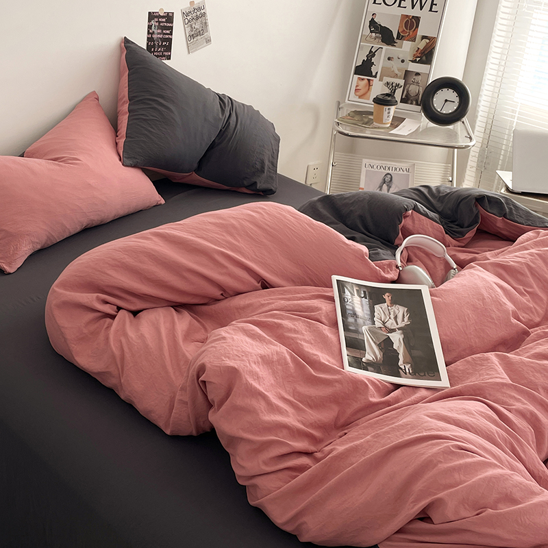 Четирисмен комплект спално бельо от измит памук — твил тъкан, реактивно боядисване, плосък и прилягащ чаршаф, тегло над 5 кг