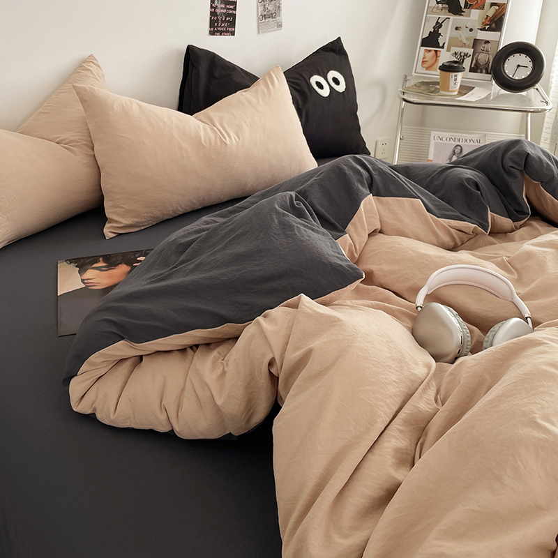 Четирисмен комплект спално бельо от измит памук — твил тъкан, реактивно боядисване, плосък и прилягащ чаршаф, тегло над 5 кг