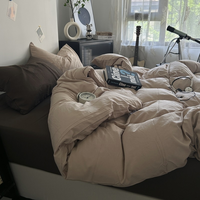 Четирисмен комплект спално бельо от измит памук — твил тъкан, реактивно боядисване, плосък и прилягащ чаршаф, тегло над 5 кг