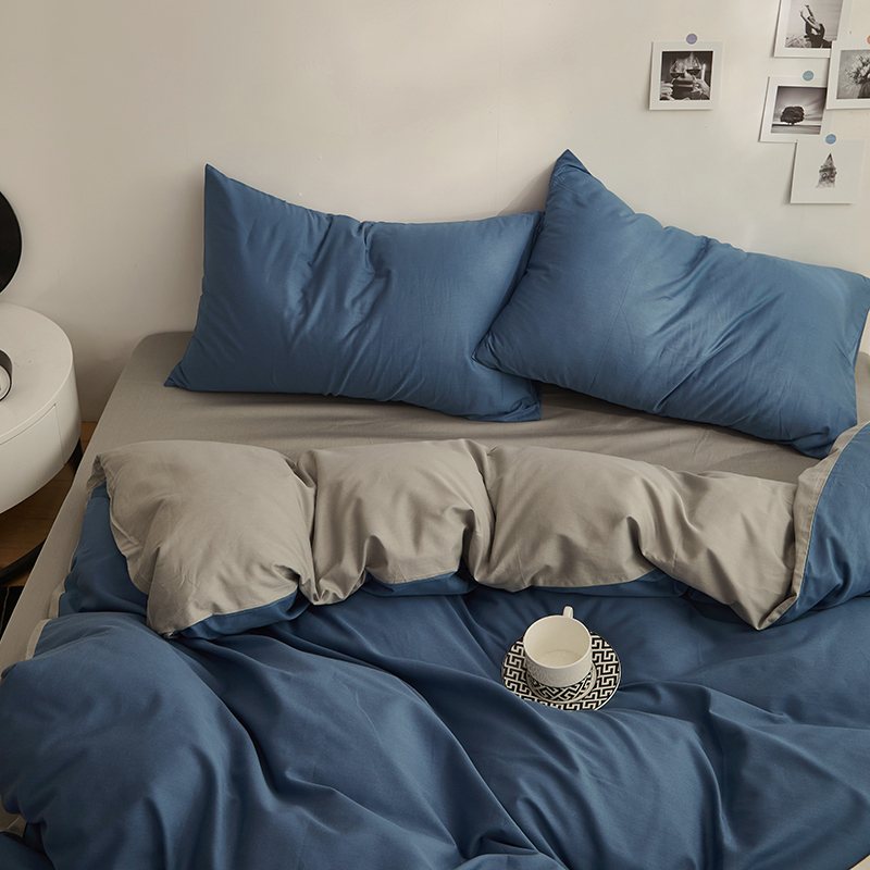 Четирисмен комплект спално бельо от измит памук — твил тъкан, реактивно боядисване, плосък и прилягащ чаршаф, тегло над 5 кг