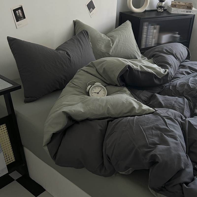 Четирисмен комплект спално бельо от измит памук — твил тъкан, реактивно боядисване, плосък и прилягащ чаршаф, тегло над 5 кг