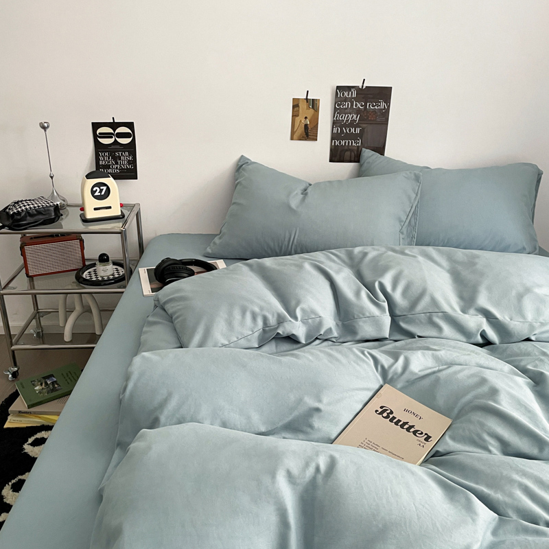 Четирисмен комплект спално бельо от измит памук — твил тъкан, реактивно боядисване, плосък и прилягащ чаршаф, тегло над 5 кг