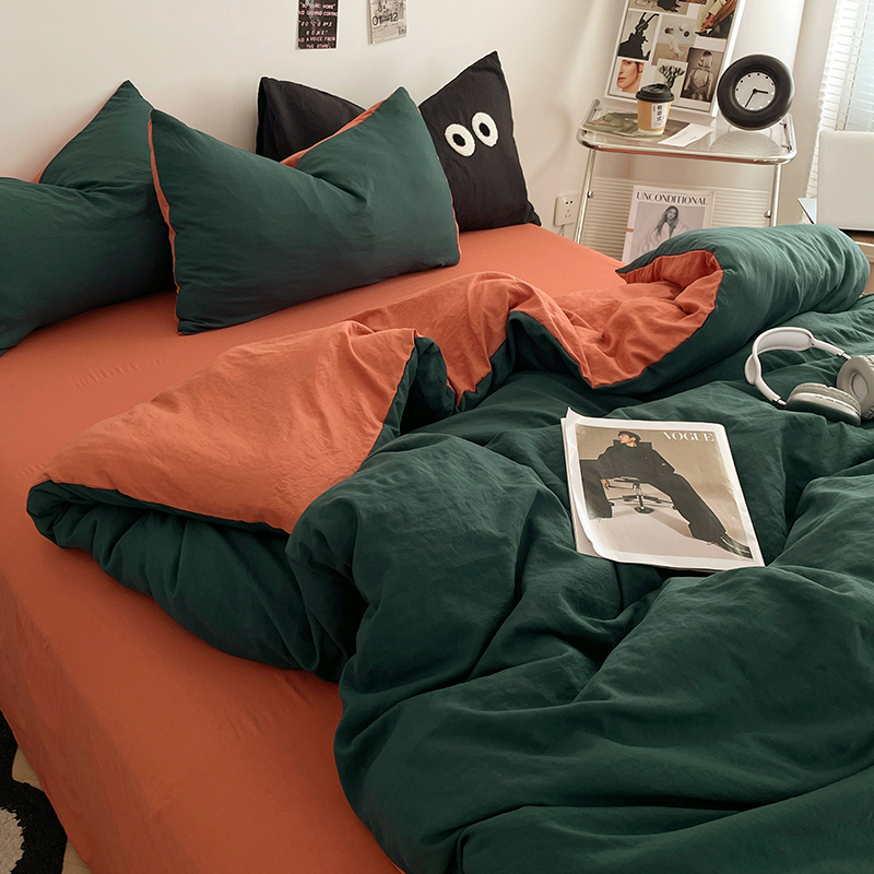 Четирисмен комплект спално бельо от измит памук — твил тъкан, реактивно боядисване, плосък и прилягащ чаршаф, тегло над 5 кг