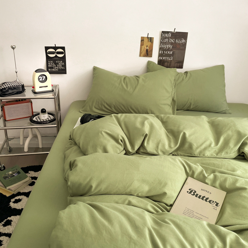 Четирисмен комплект спално бельо от измит памук — твил тъкан, реактивно боядисване, плосък и прилягащ чаршаф, тегло над 5 кг