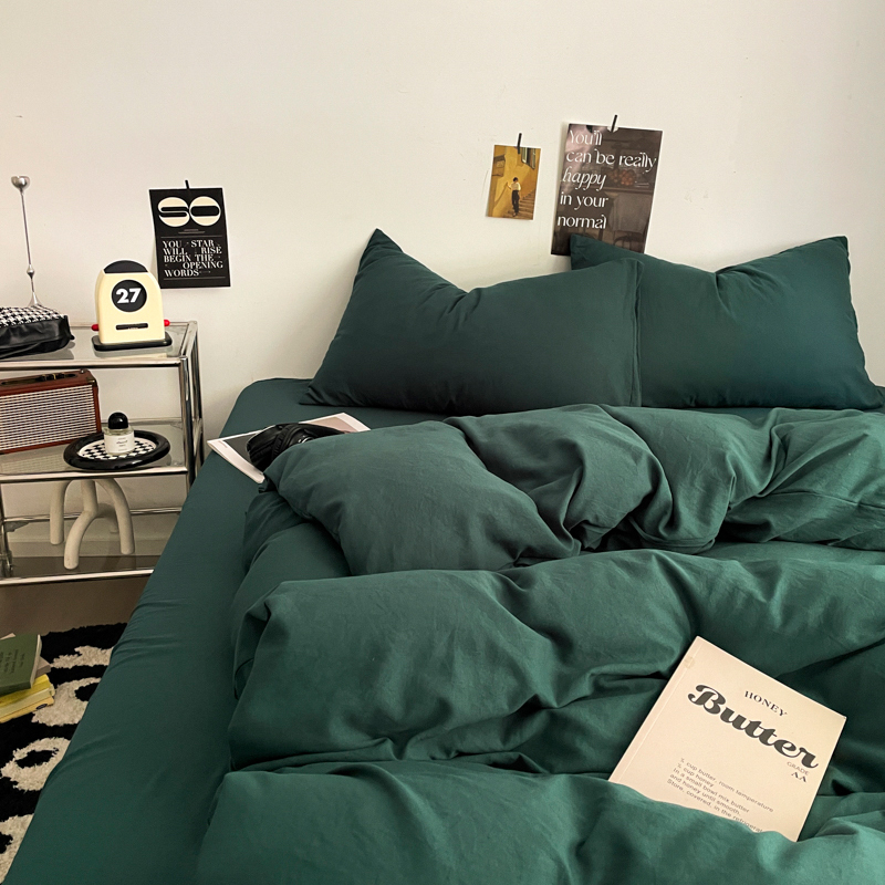 Четирисмен комплект спално бельо от измит памук — твил тъкан, реактивно боядисване, плосък и прилягащ чаршаф, тегло над 5 кг