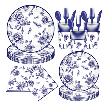 Jednorazová párty súprava stolovania s motívom modrého kvetu porcelánového vzoru — papierové poháre, taniere, obrúsky a príbor (nôž, vidlica, lyžica); Materiál: Papier; Kategória: Jednorazové stolovanie; Tvar: Kruhový; Tlač loga: Áno; Životnosť: 365 dní