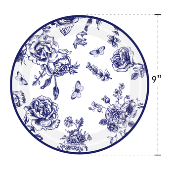 Jednorazová párty súprava stolovania s motívom modrého kvetu porcelánového vzoru — papierové poháre, taniere, obrúsky a príbor (nôž, vidlica, lyžica); Materiál: Papier; Kategória: Jednorazové stolovanie; Tvar: Kruhový; Tlač loga: Áno; Životnosť: 365 dní