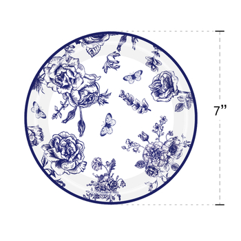 Jednorazová párty súprava stolovania s motívom modrého kvetu porcelánového vzoru — papierové poháre, taniere, obrúsky a príbor (nôž, vidlica, lyžica); Materiál: Papier; Kategória: Jednorazové stolovanie; Tvar: Kruhový; Tlač loga: Áno; Životnosť: 365 dní