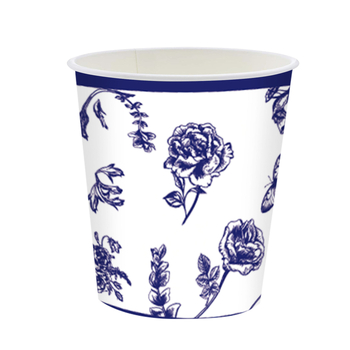Jednorazová párty súprava stolovania s motívom modrého kvetu porcelánového vzoru — papierové poháre, taniere, obrúsky a príbor (nôž, vidlica, lyžica); Materiál: Papier; Kategória: Jednorazové stolovanie; Tvar: Kruhový; Tlač loga: Áno; Životnosť: 365 dní